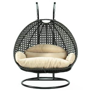 Charcoal Wicker Hanging 2-Person Egg Swing Chair Patio Swing with Beige Cushions