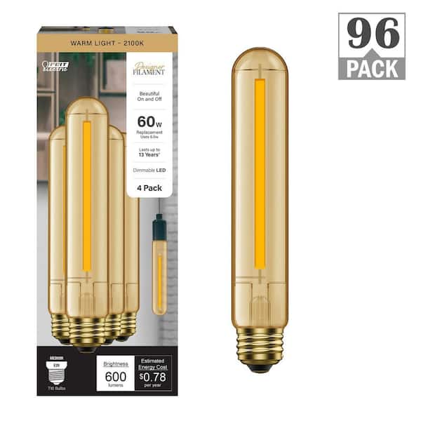60-Watt Equivalent T10L Dimmable Straight Filament Amber E26 Vintage Edison LED Light Bulb, Warm White 2100K (96-Pack)
