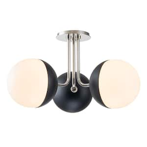 19.7 in. 3-Light Polished Nickel + Matte Black Semi-Flush Mount with Opal Glass Shade and No Bulbs Included