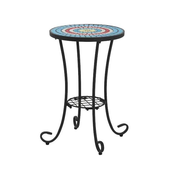 CHRISTOPHER KNIGHT HOME Trulisa Outdoor Patio Round Side Table with Shelf, Ceramic Tile, Iron, Black + Colorful
