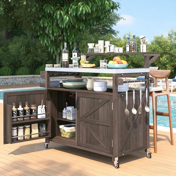 Outdoor Kitchen Island with Stainless Steel Top, Ample Storage Space, Towel and Spice Racks and a Bottle Opener