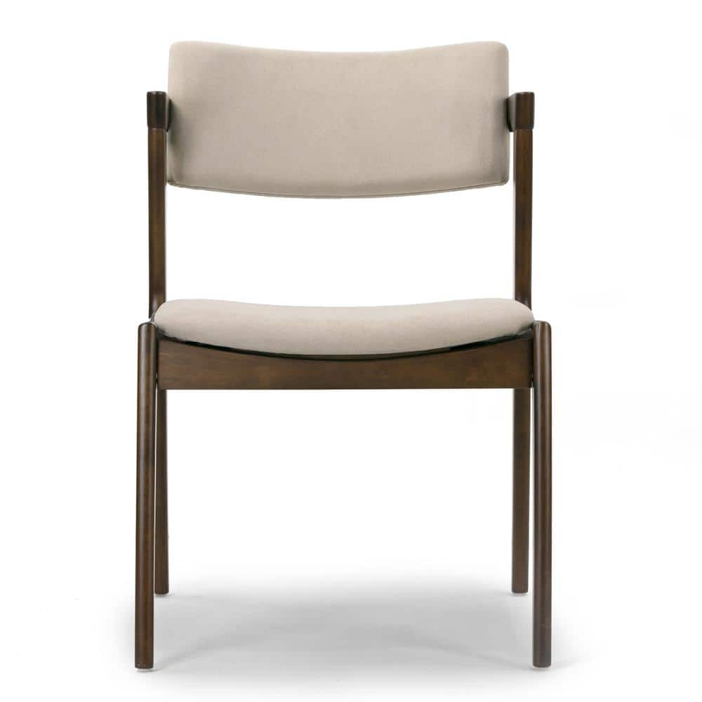 Retro Modern Beige Upholstered Wing Arm Chair in Dark Brown Wood
