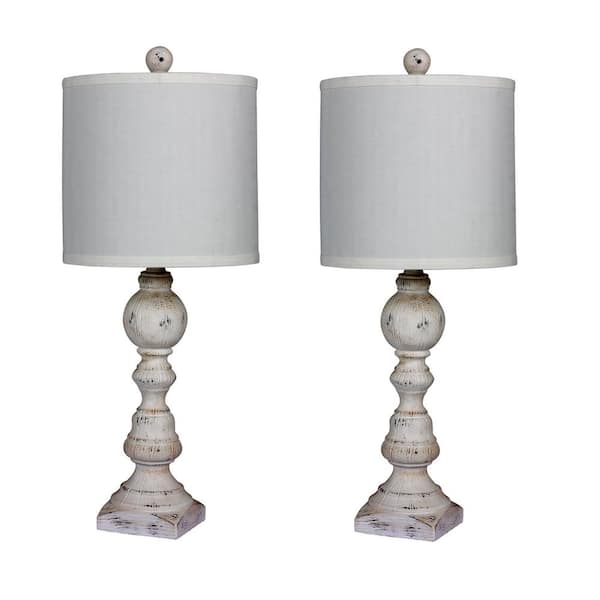 Fangio Lighting Pair of 26 in. Distressed Balustrade Resin Table Lamps in a Cottage Antique White