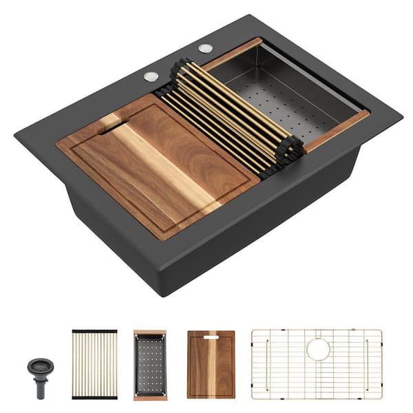 30 in. Workstation Black Drop In Granite Composite Kitchen Sink, Quartz Topmount Single Bowl with Gold Accessories