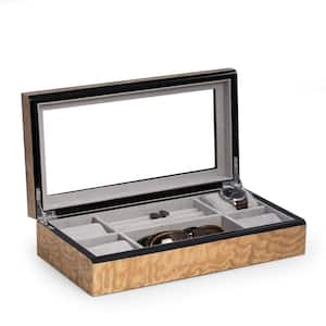 Lacquered "Burl" Wood Valet/Jewelry Box with Glass Top and Soft Velour Lining