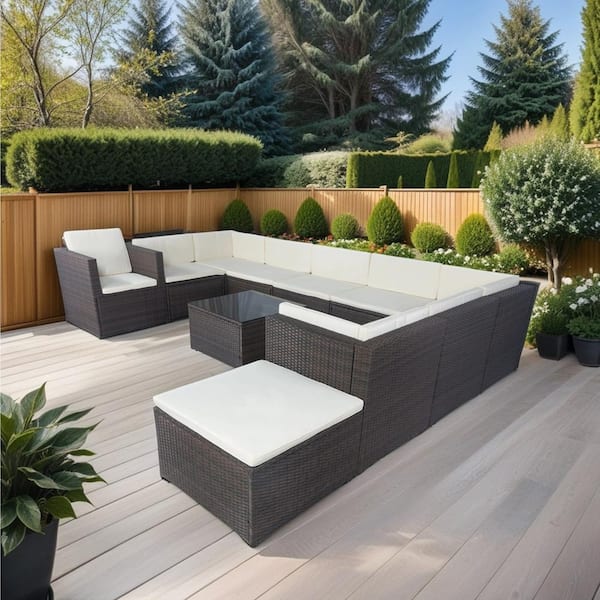 Brown 11-Piece Wicker Patio Conversation Set with White Cushions, 10 Seater Sectional Set with 3 Storage Box Under Seat