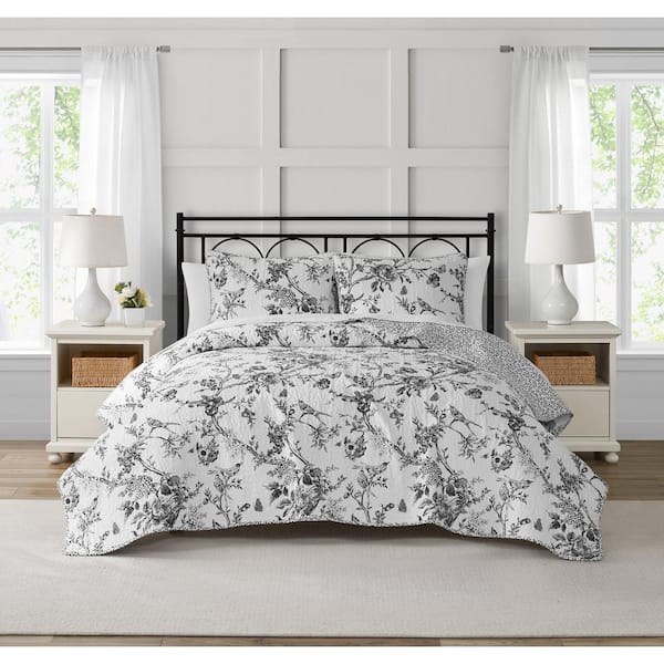 Chantilly Toile Floral Black 3-Piece All-Season Reversible Cotton Quilt Set -King