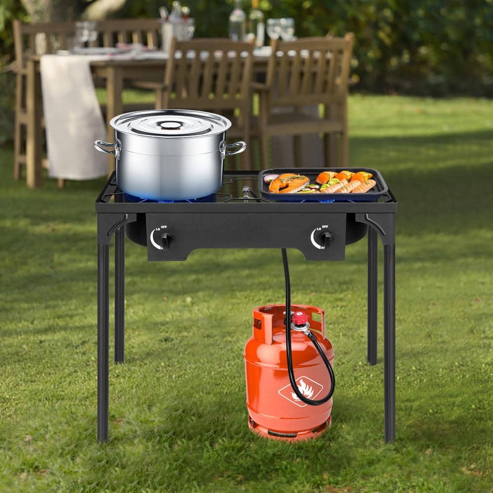 Black Cast Iron 2-Burner Outdoor Propane Gas Stove with Stand