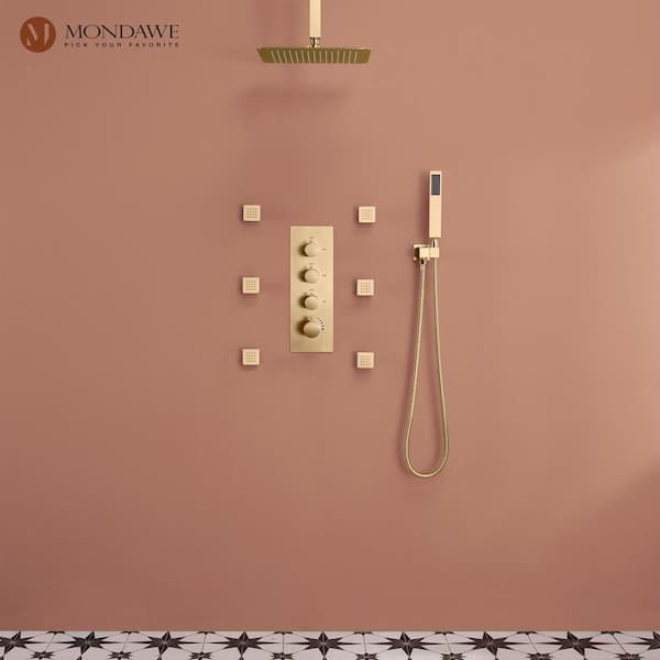 Luxury 7-Spray Patterns Thermostatic 12 in. Ceiling Mount Rainfall Dual Shower Heads with 6-Jet in Brushed Gold