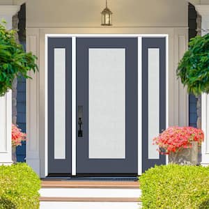 Legacy 64 in. x 80 in. Full Lite Rain Glass RHIS Primed Dark Denim Finish Fiberglass Prehung Front Door w/Dbl 12 in. SL