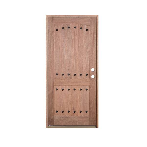 Exclusive Wood Doors 36 in. x 80 in. V-Groove 2-Panel Rustic Unfinished Mahogany Left-Hand Solid Wood Prehung Front Door