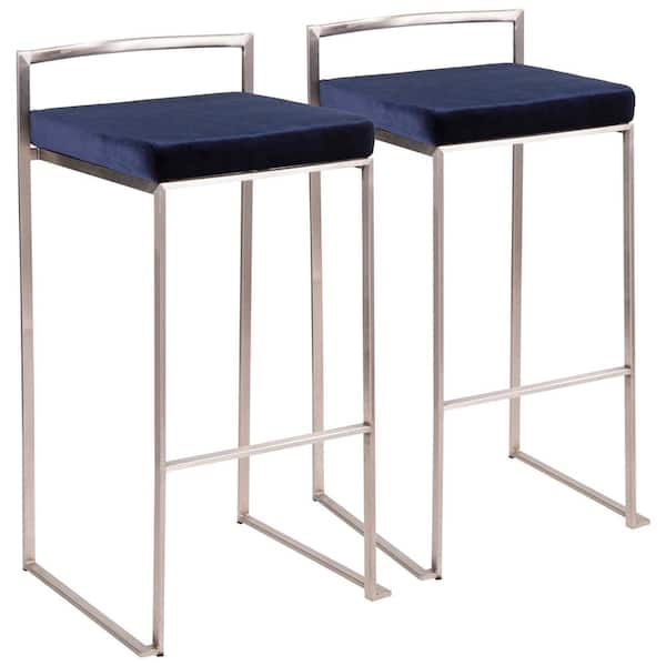 Lumisource Fuji 30 in. Stainless Steel Bar Stool with Blue Velvet Cushion (Set of 2)