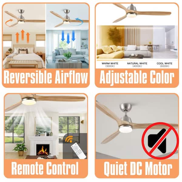 52 in. Brown Intergrated LED Ceiling Fan Lighting with Remote Control Brushed Nickel, Downrod Mount
