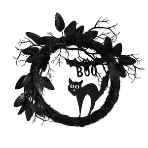 22 in. Black Cat and Bat Boo Twig Halloween Wreath