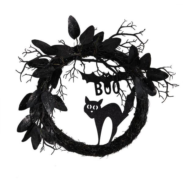 Nearly Natural 22 in. Black Cat and Bat Boo Twig Halloween Wreath