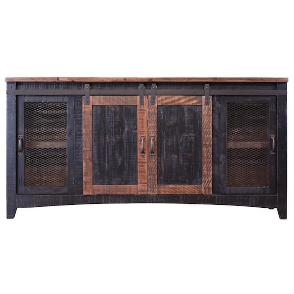 Benjara 67.75 in. Black and Brown Wood TV Stand Fits TVs up to 70 in. with 2 Mesh Doors