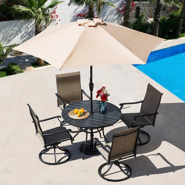 7-Piece Metal Outdoor Patio Dining Set with Round Table and 4-Textilene Swivel Chairs, 10 ft. Umbrella and Base