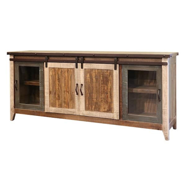 Benjara 78.75 in. Brown and Multicolor Wood TV Stand Fits TVs up to 75 in. with Barn Doors