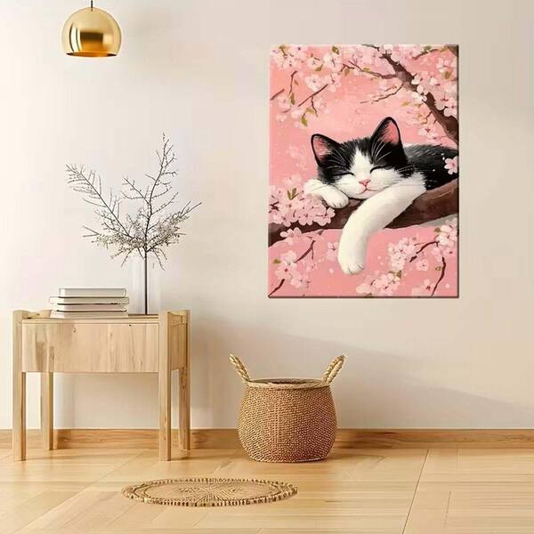 Cherry Blossom Tree and Sleeping Cat Canvas Art Print 24 x 36 in