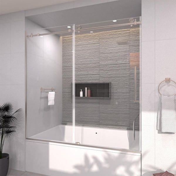60 in. W. x 60 in. H Sliding Semi Frameless Tub Door in Brushed Nickel Finish with Clear Glass