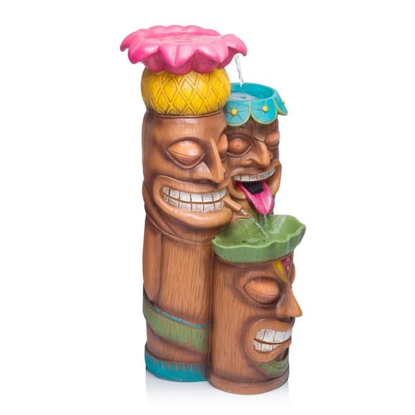 35 in. Tall Outdoor 3-Tier Tiki Head Waterfall Fountain Yard Art Decor, Multicolor