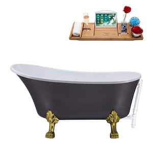 55 in. Acrylic Clawfoot Non-Whirlpool Bathtub in Matte Grey With Brushed Gold Clawfeet And Glossy White Drain