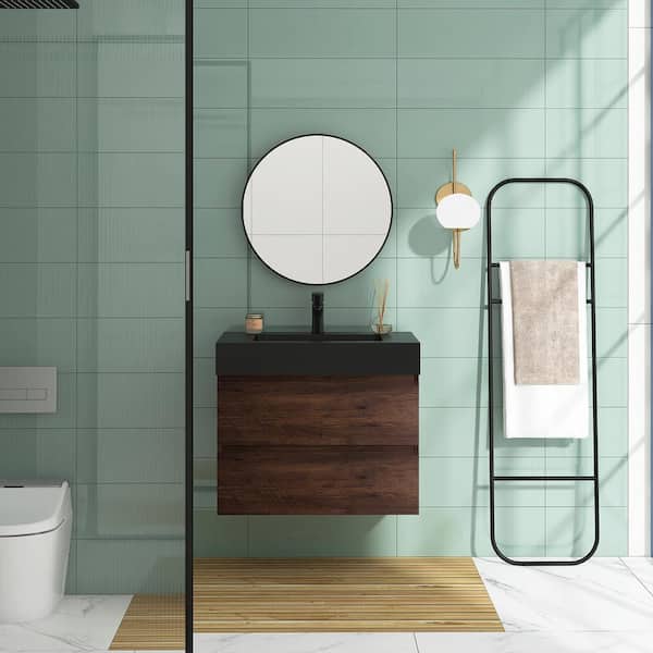 JimsMaison 30 in. W x 18 in. D x 25 in. H Wall Mounted Bath Vanity in Walnut with Black Solid Surface Top