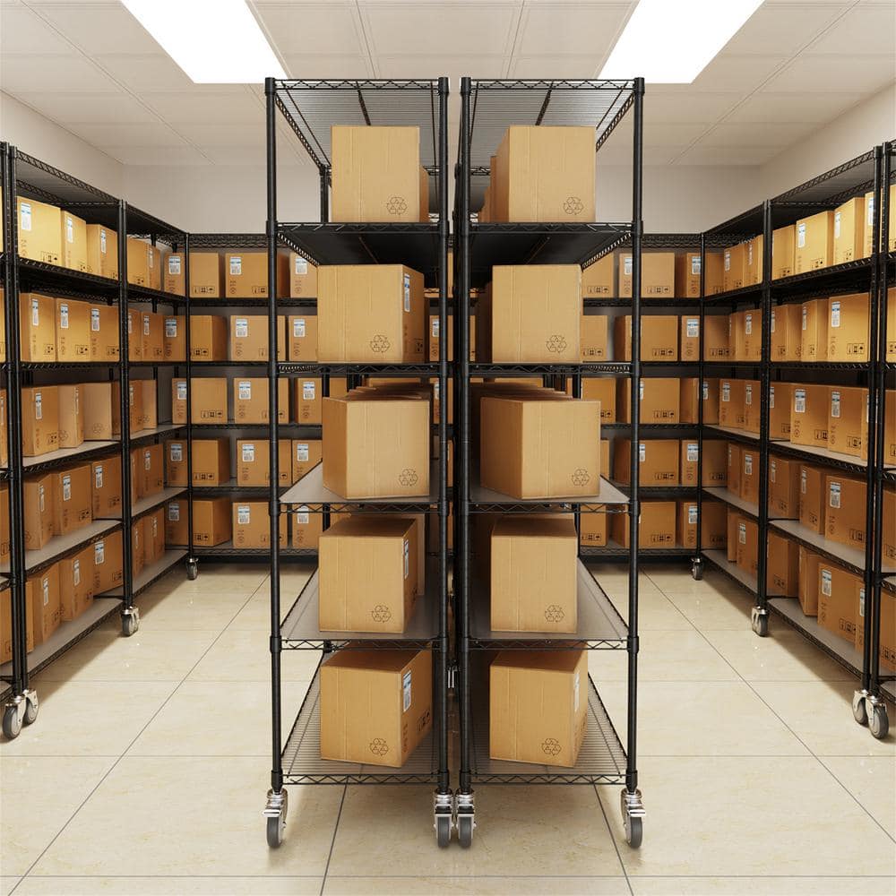 Black 6-Tier Heavy-Duty Adjustable Metal Wire Storage Rack with Wheels