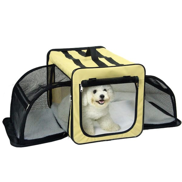PET LIFE Large Khaki Capacious Dual Expandable Wire Folding Lightweight Collapsible Travel Pet Dog Crate