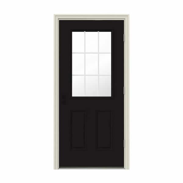 JELD-WEN 32 in. x 80 in. 9 Lite Black Painted Steel Prehung Left-Hand Outswing Entry Door w/Brickmould
