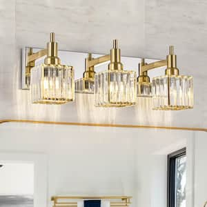 Orillia 19.7 in. 3-Light Modern Gold and Chrome Bathroom Vanity Light with Crystal Shades