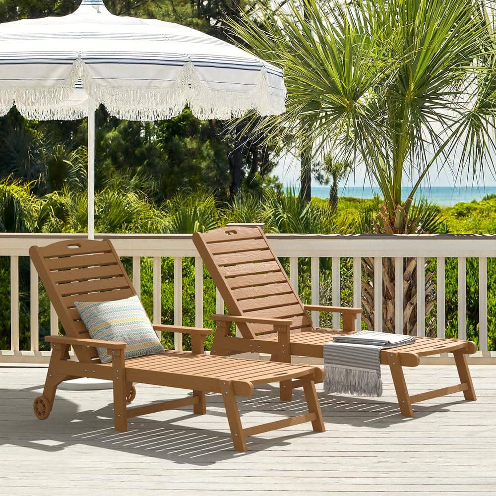 Oversized Plastic Outdoor Chaise Lounge Chair with Wheels and Adjustable Backrest for Poolside (set of 2)-Teak Brown
