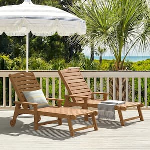 Oversized Plastic Outdoor Chaise Lounge Chair with Wheels and Adjustable Backrest for Poolside (set of 2)-Teak Brown