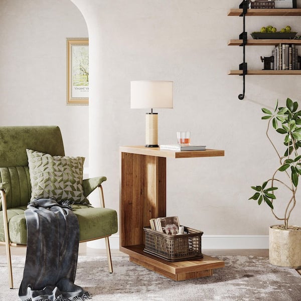 Calvin 23.6'' Light Brown Narrow Rectangle C-Shaped Sofa Side End Table Sturdy Pedestal Wood Bedside Nightstand