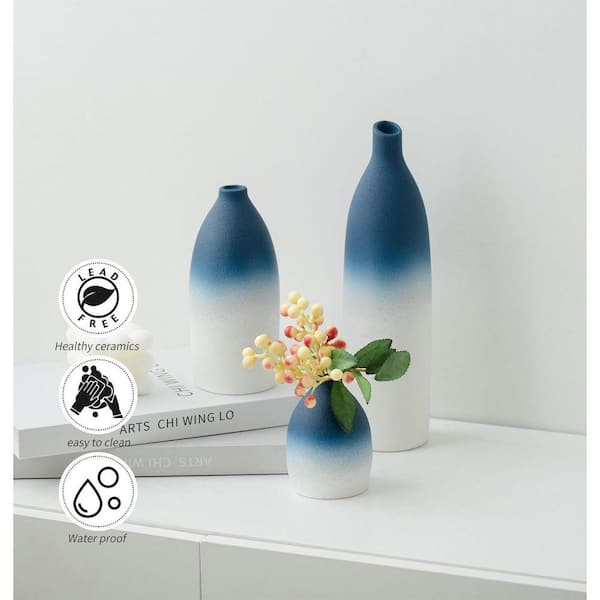 22 in. Coastal Blue Ceramic Cylinder Bottle Decorative Vase LX0675