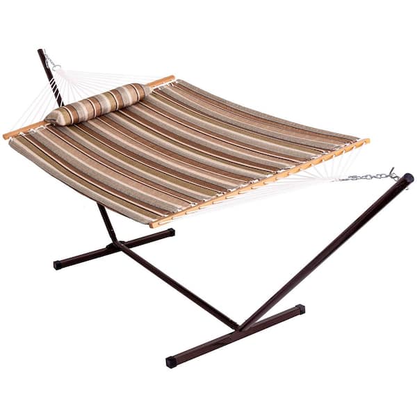 Wildaven 12 ft. Steel Hammock Stand with Quilted Fabric Combo and Pillow in Green/Taupe Stripes
