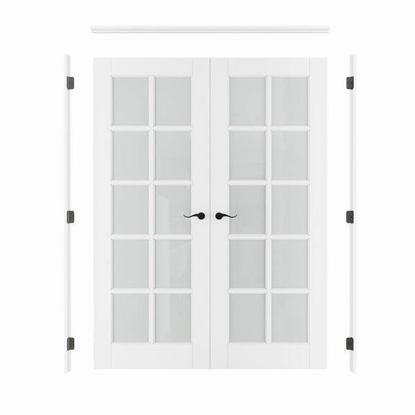 60 in.x80 in. 10-Lite Frosted Glass Universal White Solid Core Glass Double Prehung French Door Plus Quick Assemble Jamb