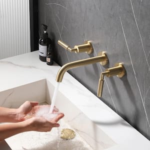 Double Handle Wall Mounted Bathroom Sink Faucet With Pop-up Drain Assembly in Brushed Gold