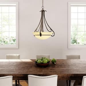 Torino 22 in. 3-Light Forged Bronze Vinatge Foyer Pendant for Kitchens and Entryways with Tea-Stained Glass