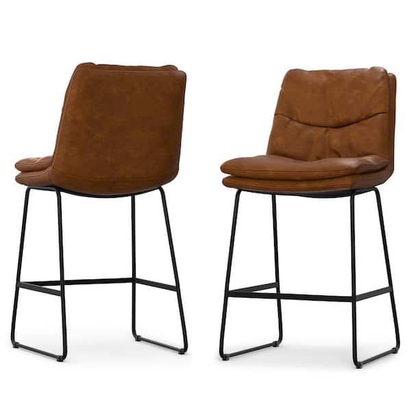 Simpli Home Danika Mid Century Modern Counter Height stool (Set of 2) in Camel Brown Vegan Faux Leather