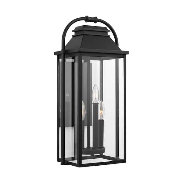 Generation Lighting Wellsworth Medium 3-Light Textured Black Outdoor Wall Lantern Sconce with Clear Glass