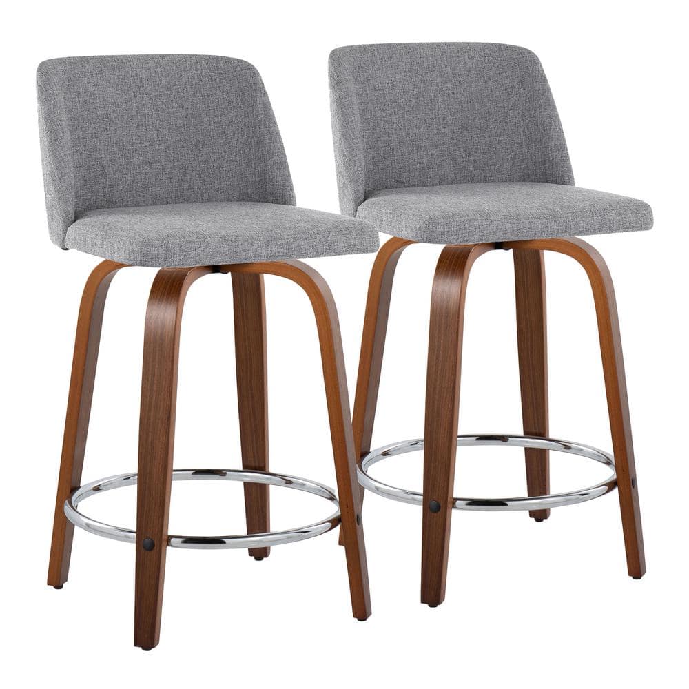 Walnut Wood and Gray Fabric Swivel Counter Stool with Chrome Base