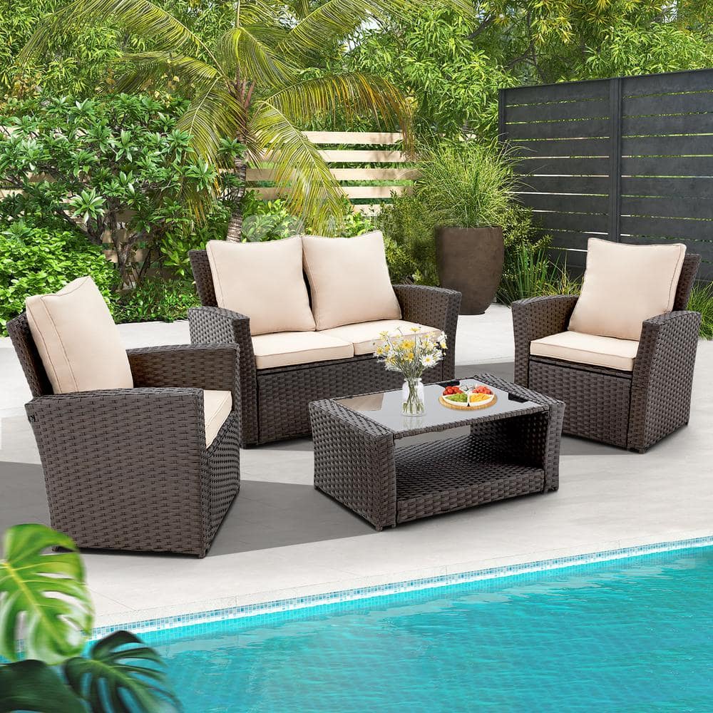 4-Piece PE Wicker Outdoor Sofa Sectional Set Conversation Set with Beige Cu