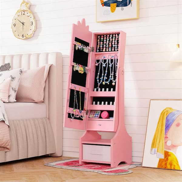 Pink Wood 12.5 in. Kids Jewelry Cabinet with Full-Length Mirror Drawer 2-Adjustable Tilt Angles