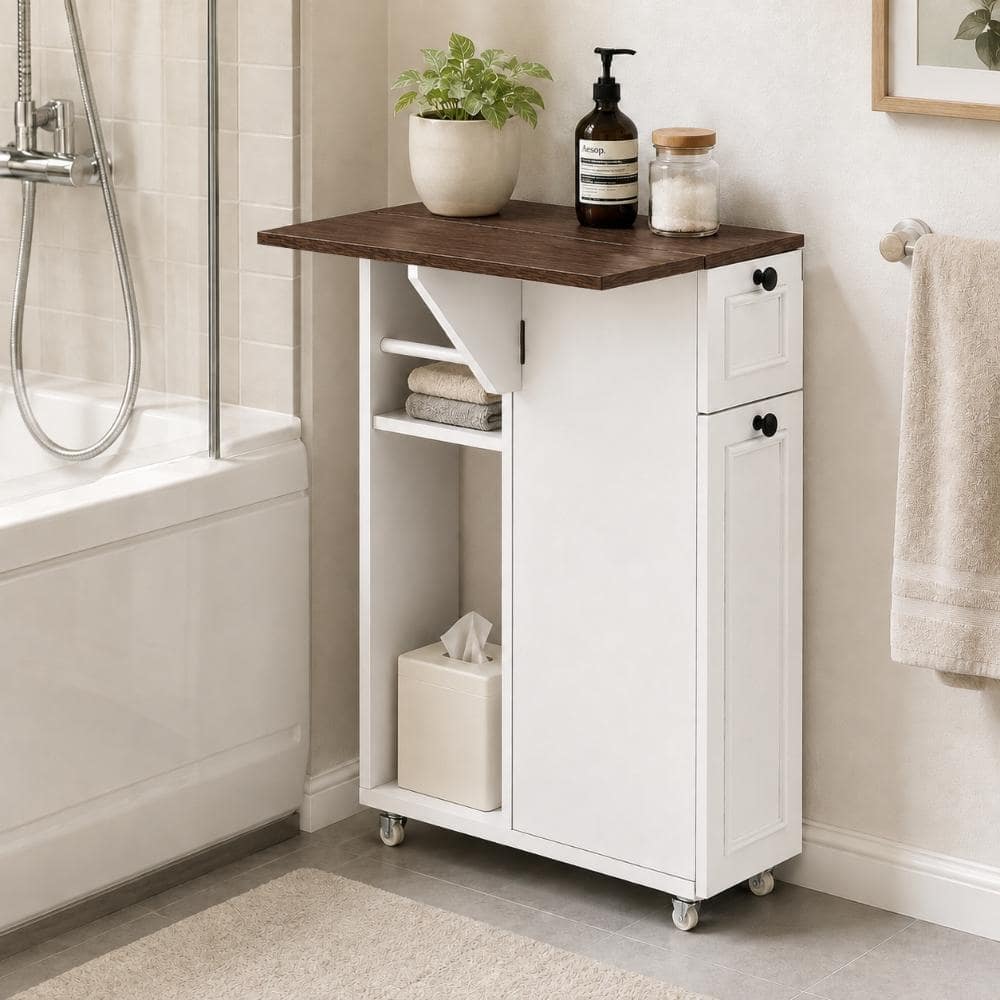 White 31.3 in. H Flip-Top Storage Cabinet with Rolling Wheels and Drawer