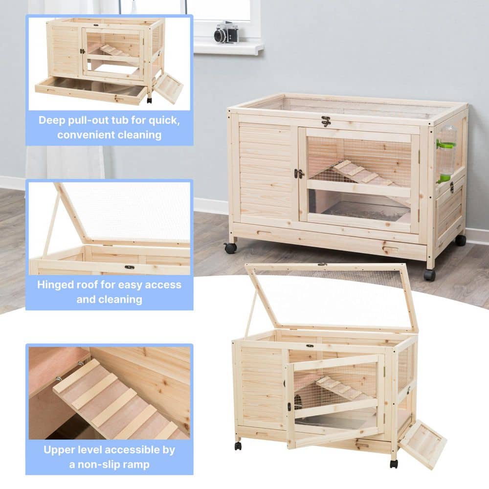 Natural Wood Indoor Hutch for Small Pets with Lockable Wheels