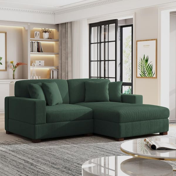83.4 in. W Square Arm 2-Piece Corduroy Fabric L-Shaped Modern Sectional Sofa in Hunter Green with 4-Pillows