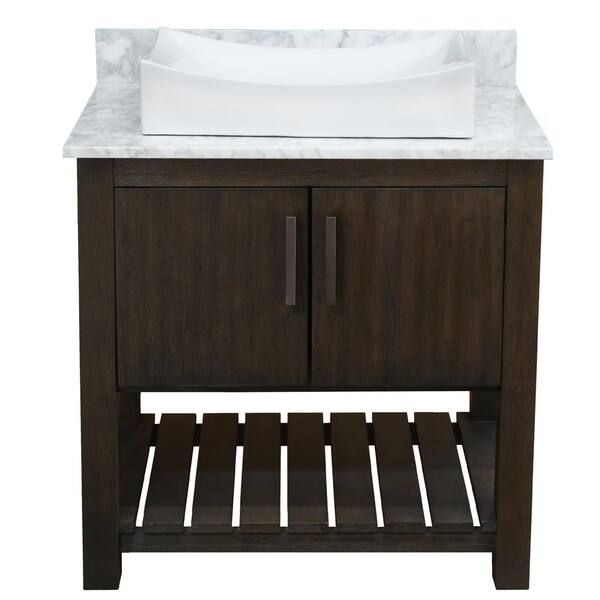 Novatto Ocean Breeze 31 in. W x 22 in. D x 31 in. H One White Porcelain Sink w/ORB Bath Vanity in Mocha w/Carrara White Marble