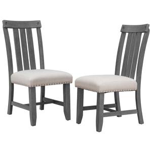Gray Fabric Upholstered Dining Chairs with Sliver Nails and Solid Wood Legs(Set of 2)