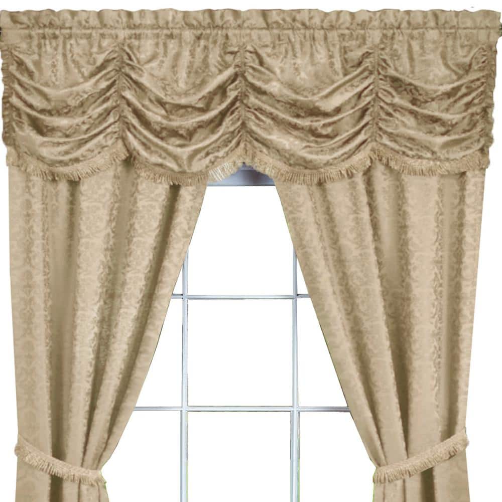 Beige Floral Jacquard Twin Curtains with Fringe Valance